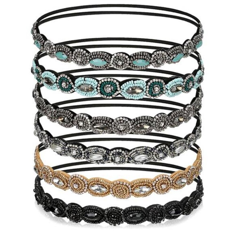 6 Pack Elastic Rhinestone Headbands for Women, Vintage Beads Rhinestone Hairband